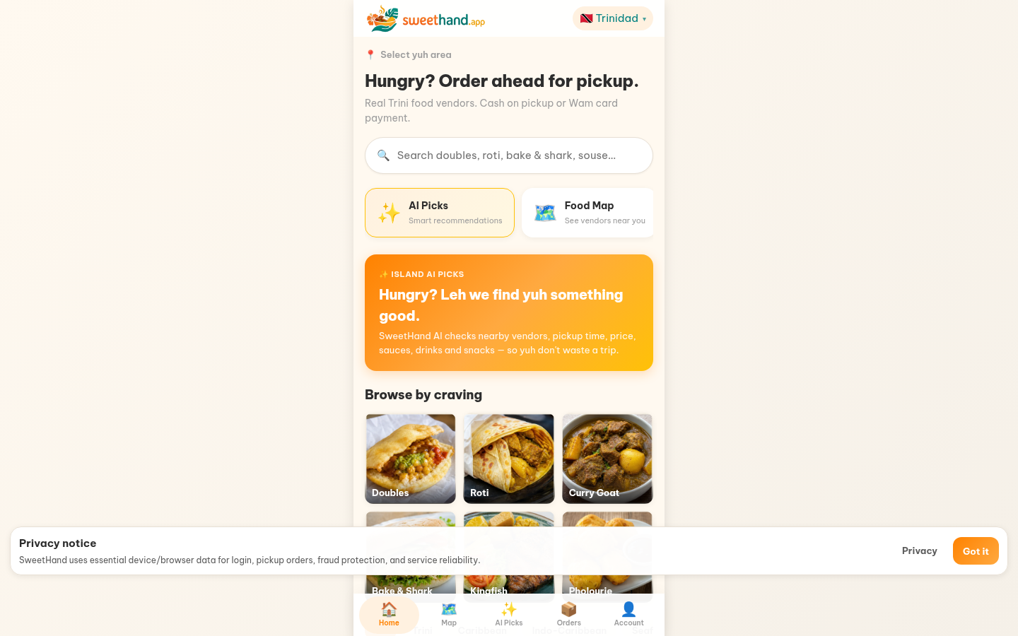 Live SweetHand food homepage